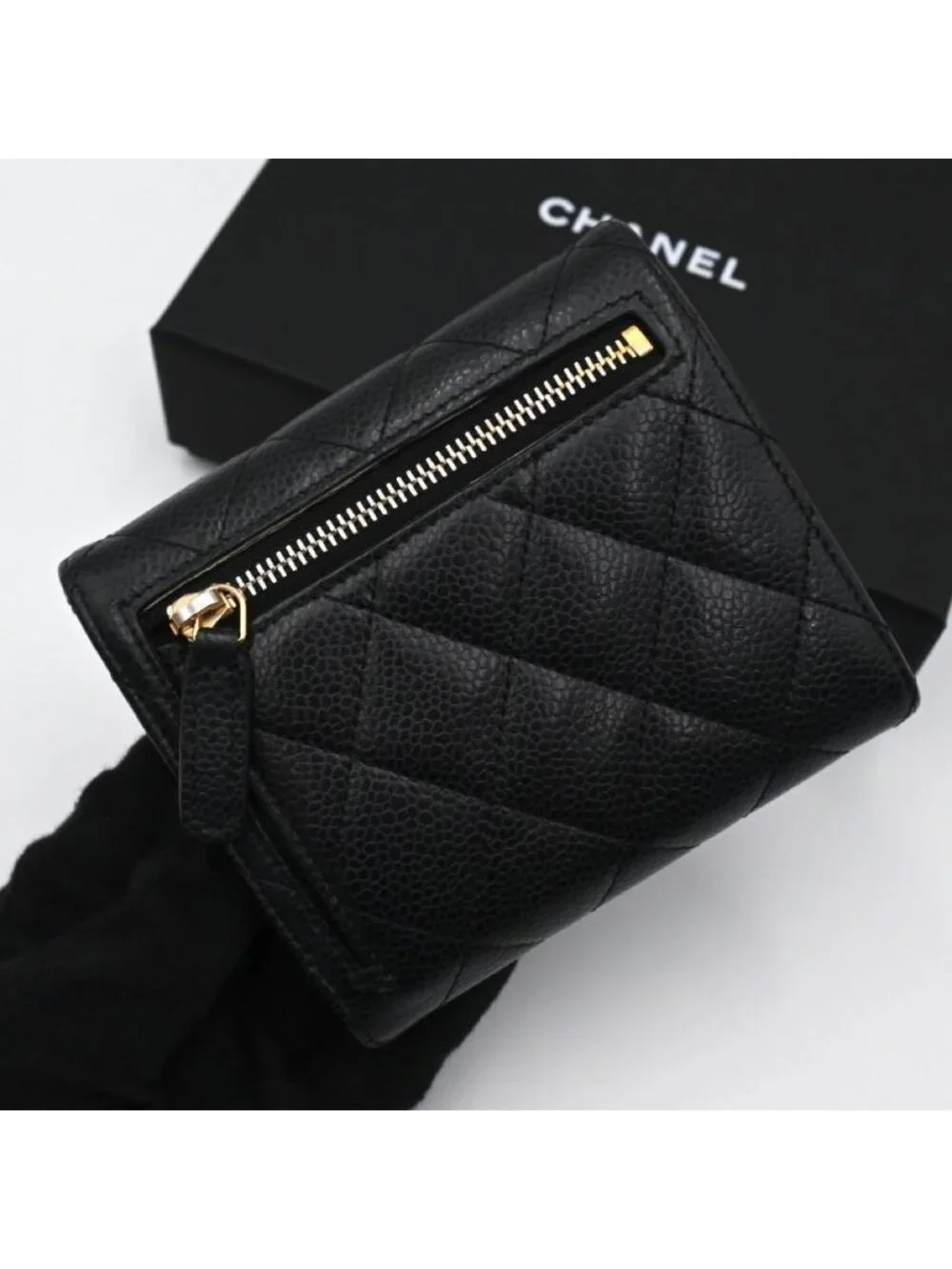 Chanel Quilted CC Logo Trifold Wallet Compact Classic Black